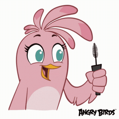 A Pink Angry Birds Character Holding A Mascara Brush GIF