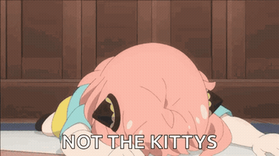 A Pink Anime Girl Is Laying On The Floor With The Words Not The Kittys Written On The Bottom GIF
