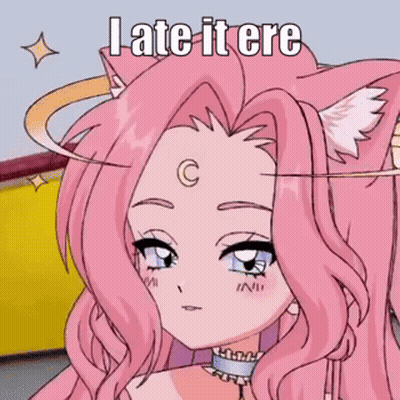 A Pink Anime Girl With Cat Ears And A Crescent Moon On Her Forehead Is Wearing A Choker . GIF