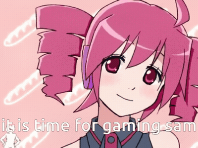 A Pink Anime Girl With The Words " It Is Time For Gaming Sam " GIF