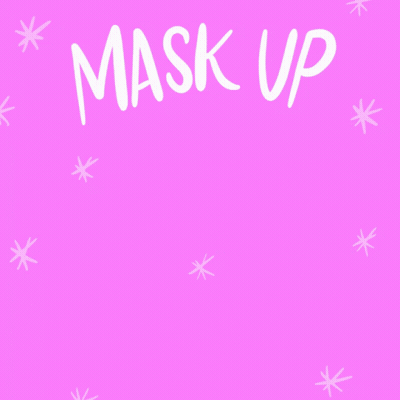 A Pink Background With A Blue Mask And The Words Mask Up And Drop Off Your Ballot GIF