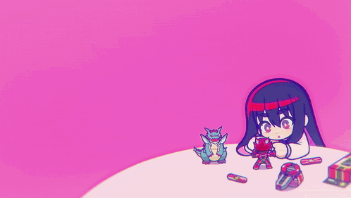 A Pink Background With A Cartoon Girl Holding A Toy And The Letters I And ? GIF