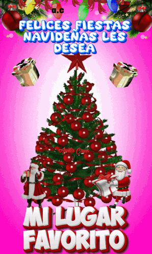 A Pink Background With A Christmas Tree And The Words Mi Lugar Favorito GIF