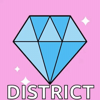 A Pink Background With A Diamond And The Word District Below It GIF