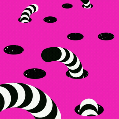 A Pink Background With Black And White Stripes And Holes In It GIF