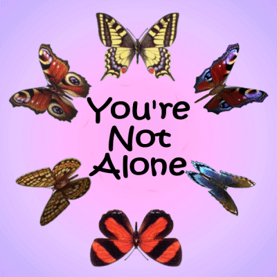 A Pink Background With Butterflies And The Words " You 'Re Not Alone " On It GIF