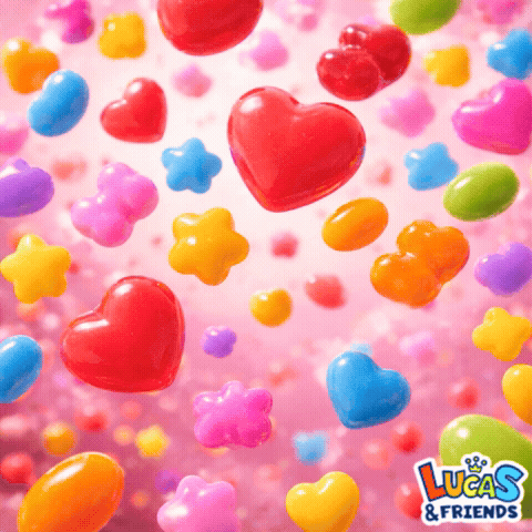 A Pink Background With Colorful Hearts And The Words Lucas & Friends On The Bottom GIF