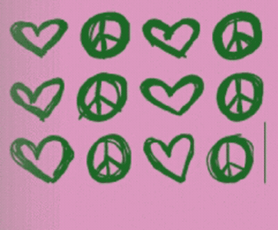 A Pink Background With Green Hearts And Peace Symbols GIF