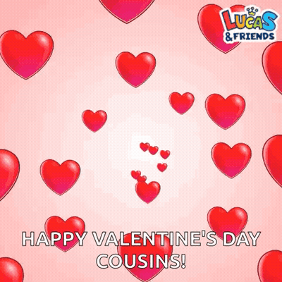 A Pink Background With Red Hearts And The Words Happy Valentine 'S Day Cousins ! GIF