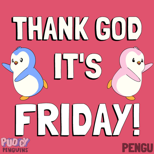 A Pink Background With Two Penguins That Say Thank God It 'S Friday GIF