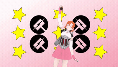 A Pink Background With Yellow Stars And A Black Circle With A Lightning Bolt In It GIF