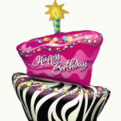 A Pink Birthday Cake Shaped Balloon With A Candle On Top GIF
