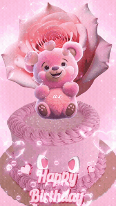 A Pink Birthday Cake With A Pink Teddy Bear On Top GIF