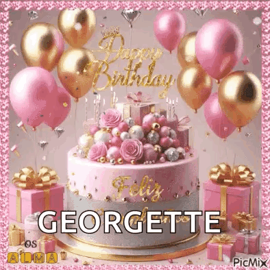 A Pink Birthday Cake With Balloons And Gifts On A Pink Background . GIF