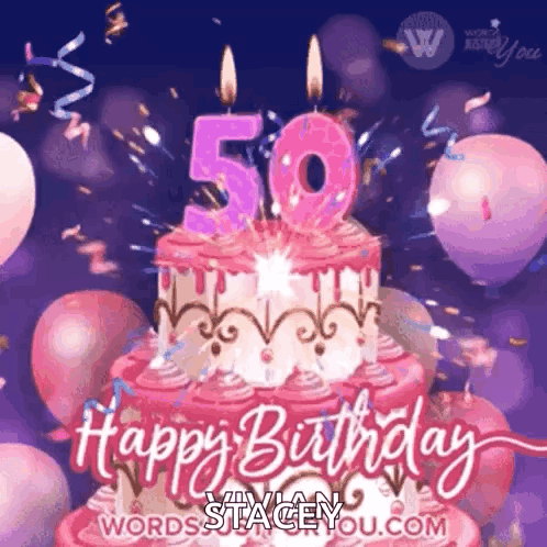 A Pink Birthday Cake With Candles In The Shape Of The Number 50 On It . GIF