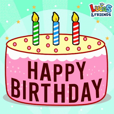 A Pink Birthday Cake With Three Candles And The Words Happy Birthday GIF
