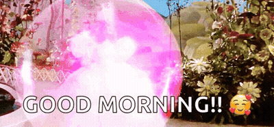A Pink Bubble With The Words " Good Morning " Written On It GIF