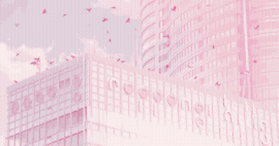 A Pink Building With Birds Flying Around It GIF