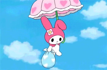 A Pink Bunny Is Holding An Umbrella And A Bag Of Water . GIF