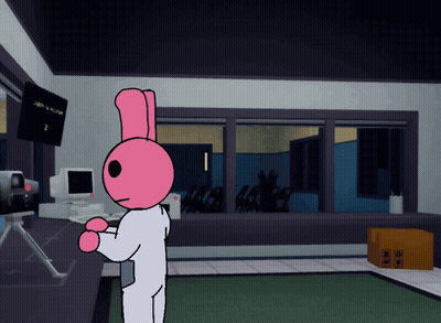 A Pink Bunny Is Standing In Front Of A Computer Screen That Says Check In Progress GIF
