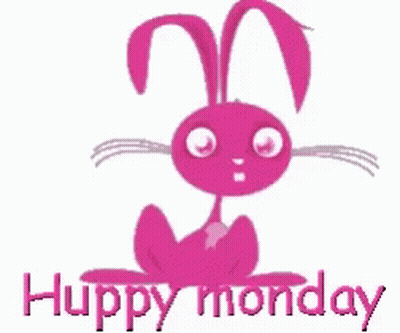 A Pink Bunny Says Happy Monday With A Surprised Look On Its Face GIF