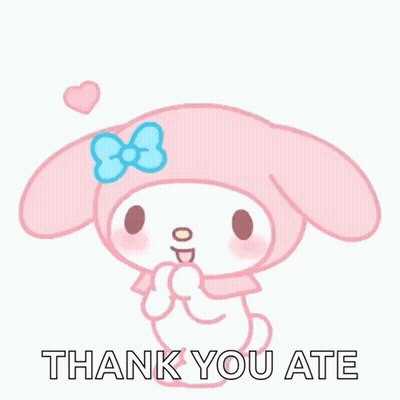 A Pink Bunny With A Blue Bow On Its Head Is Surrounded By Pink Hearts And Says `` Thank You Ate '' . GIF