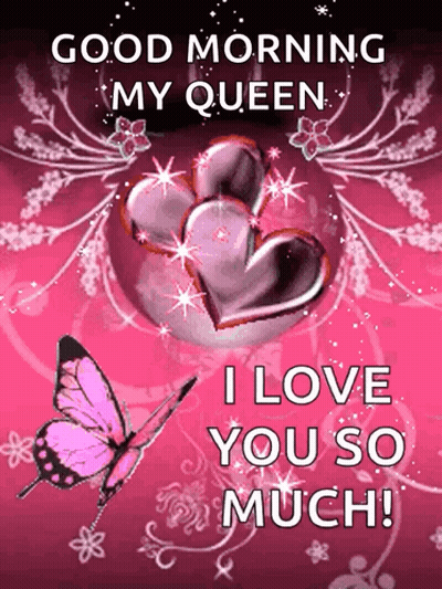 A Pink Butterfly Is On A Pink Background With The Words " Good Morning My Queen " GIF