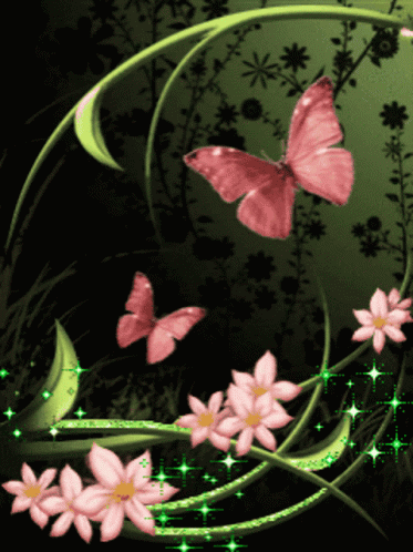 A Pink Butterfly Is Surrounded By Pink Flowers On A Dark Background GIF