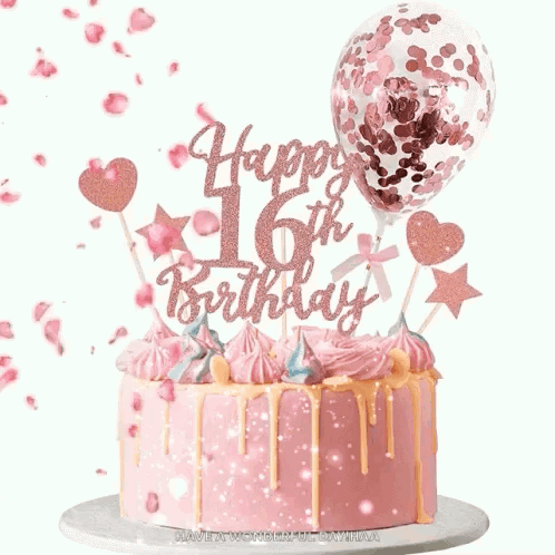 A Pink Cake With A Happy 16Th Birthday Topper On Top GIF