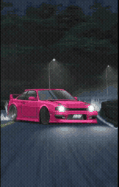 A Pink Car Is Driving Down A Road At Night With A Sign That Says " A " On It GIF