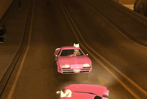 A Pink Car Is Driving Down A Road With A License Plate That Says ' Tf ' GIF