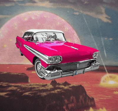A Pink Car Is Flying In The Air With A Pink Planet In The Background GIF