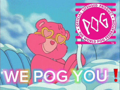A Pink Care Bear Is Holding A Sign That Says We Pog You GIF