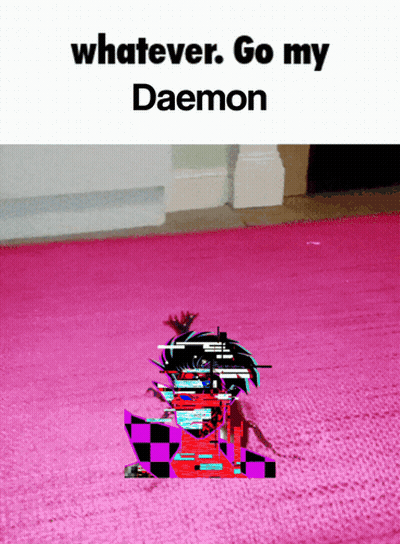 A Pink Carpet With A Picture Of A Person And The Words " Whatever Go My Daemon " On Top GIF
