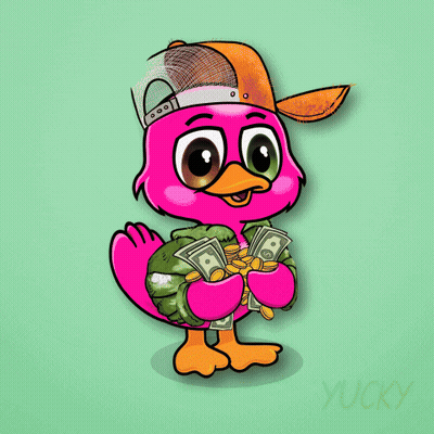 A Pink Cartoon Bird Holding A Bunch Of Money And Gold Coins GIF