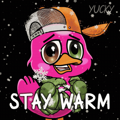 A Pink Cartoon Bird Wearing A Hat And Scarf With The Words Stay Warm Below It GIF