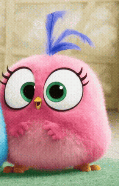 A Pink Cartoon Bird With A Blue Feather In Its Hair GIF