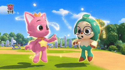 A Pink Cartoon Cat And A Green Cartoon Character Are Standing Next To Each Other In A Field . GIF