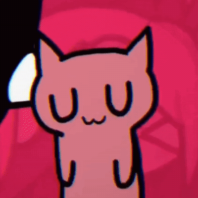 A Pink Cartoon Cat Is Making A Funny Face With Its Eyes Closed On A Pink Background . GIF