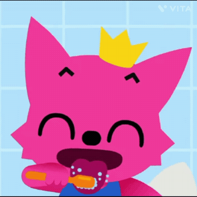 A Pink Cartoon Character Brushing His Teeth With A Yellow Crown GIF