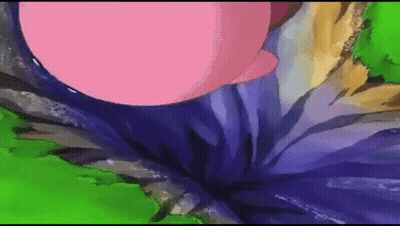 A Pink Cartoon Character Is Flying Through A Purple Hole . GIF