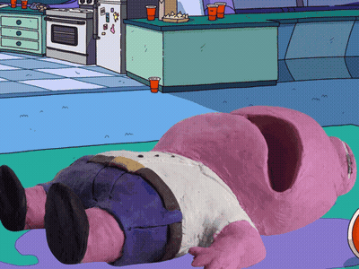 A Pink Cartoon Character Is Laying On The Floor With A Hole In His Butt GIF