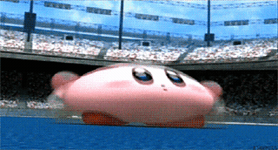 A Pink Cartoon Character Is Running On A Track In Front Of A Stadium GIF