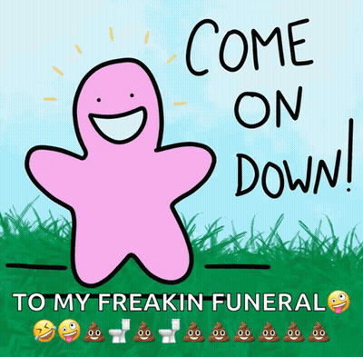 A Pink Cartoon Character Is Standing In The Grass And Says Come On Down GIF