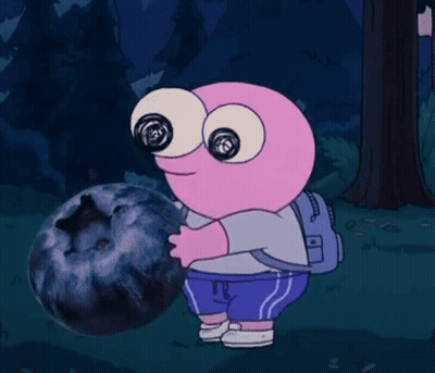 A Pink Cartoon Character With A Backpack Is Walking In A Field At Night . GIF