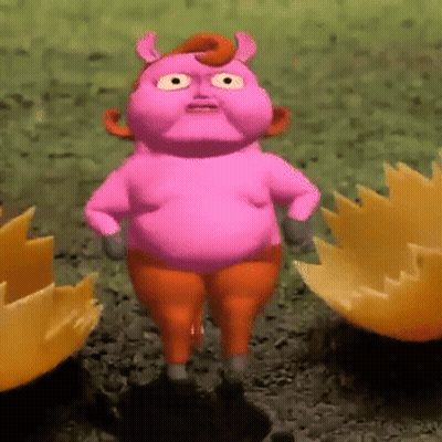A Pink Cartoon Character With A Big Belly Is Standing In The Dirt GIF