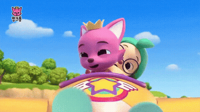 A Pink Cartoon Character With A Crown On Her Head Is Riding On The Back Of A Toy GIF