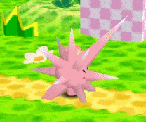 A Pink Cartoon Character With A Flower On Its Head Is Walking On A Path GIF