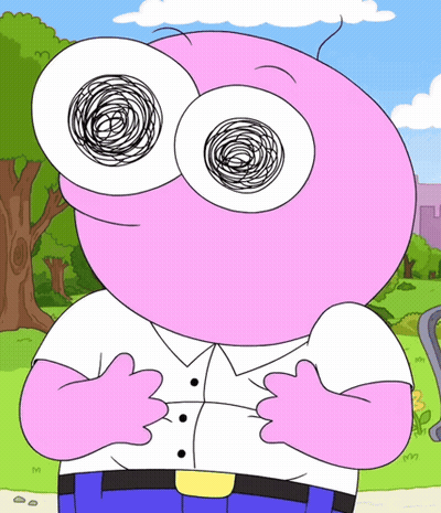 A Pink Cartoon Character With A White Shirt And A Blue Belt GIF