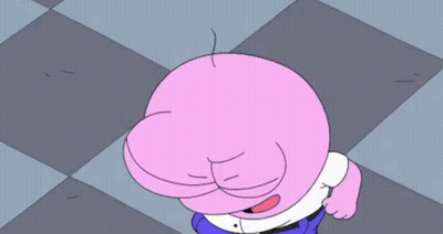 A Pink Cartoon Character With A White Shirt And Blue Pants Is Making A Funny Face . GIF